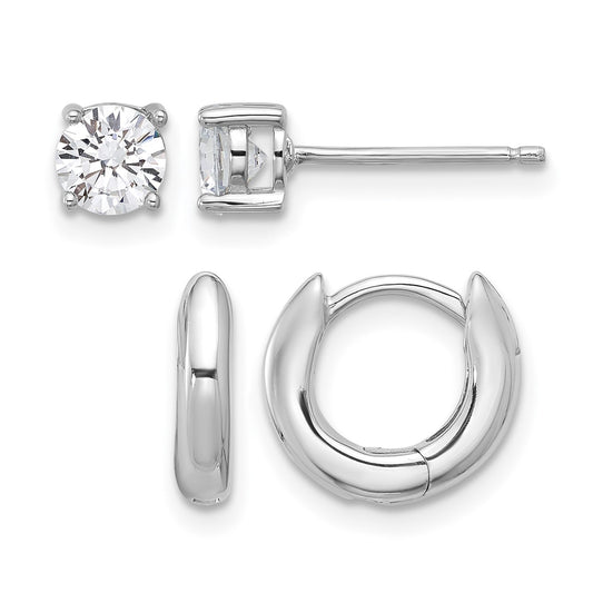 Sterling Silver RH-plated 2.5mm Huggie Hoops/5mm CZ Stud Earrings Set