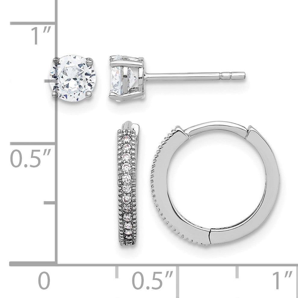 Sterling Silver Rh-plated CZ 2mm Hoop and 5mm Stud Post Earring Set