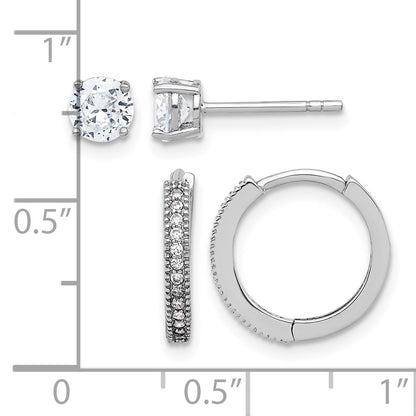 Sterling Silver Rh-plated CZ 2mm Hoop and 5mm Stud Post Earring Set