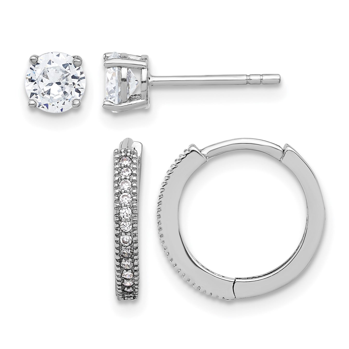 Sterling Silver Rh-plated CZ 2mm Hoop and 5mm Stud Post Earring Set