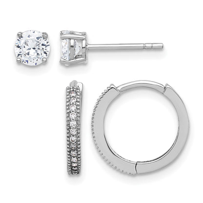 Sterling Silver Rh-plated CZ 2mm Hoop and 5mm Stud Post Earring Set