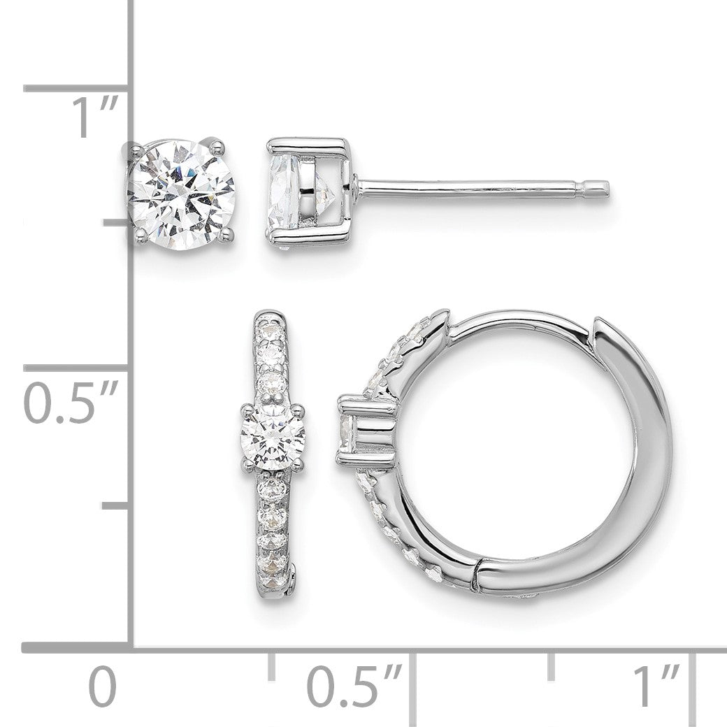 Sterling Silver RH-plated 5mm CZ Studs and Hinged Hoop Earring Set