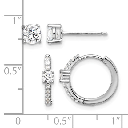 Sterling Silver RH-plated 5mm CZ Studs and Hinged Hoop Earring Set