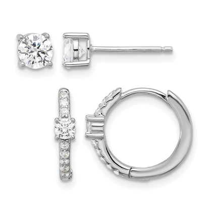 Sterling Silver RH-plated 5mm CZ Studs and Hinged Hoop Earring Set