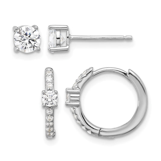 Sterling Silver RH-plated 5mm CZ Studs and Hinged Hoop Earring Set