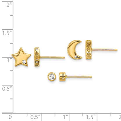 Sterling Silver Gold-tone CZ Moon/Star and Round Set of 3 Post Earring Set