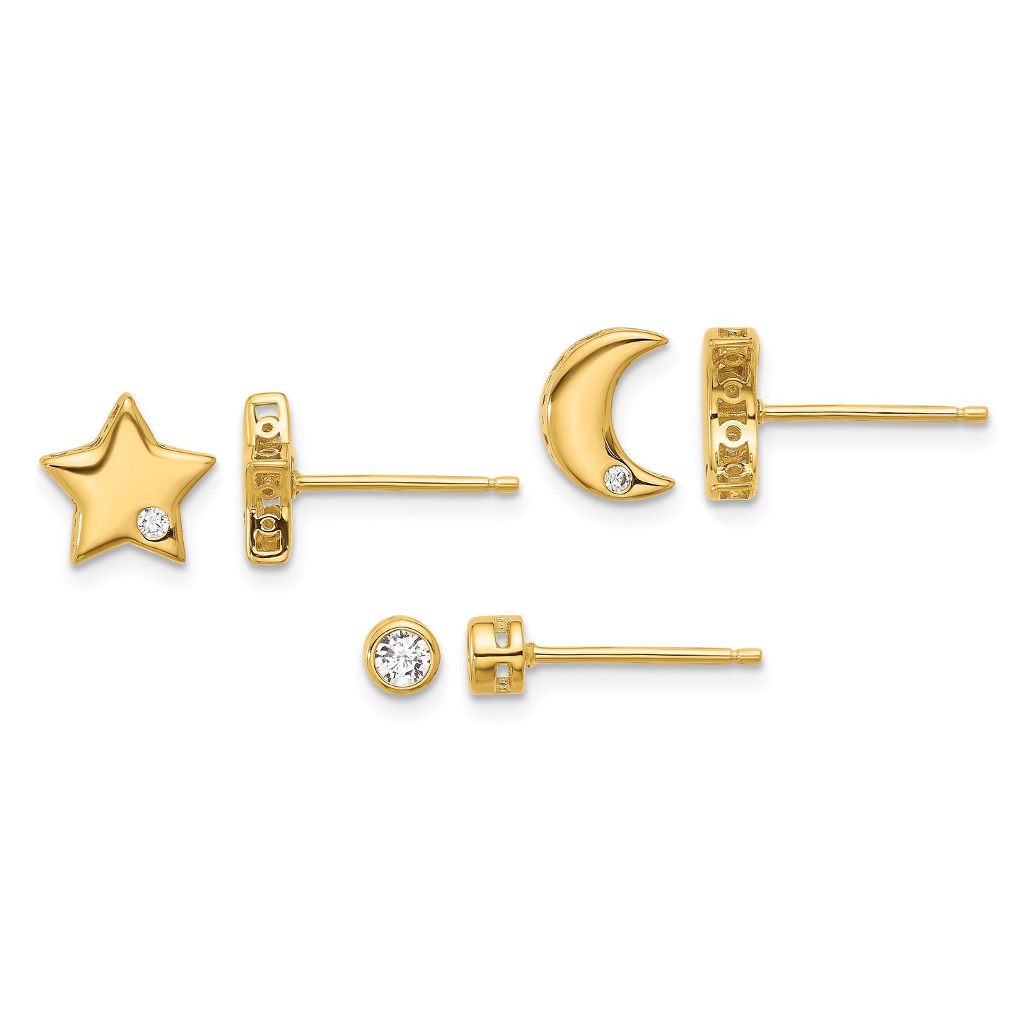 Sterling Silver Gold-tone CZ Moon/Star and Round Set of 3 Post Earring Set