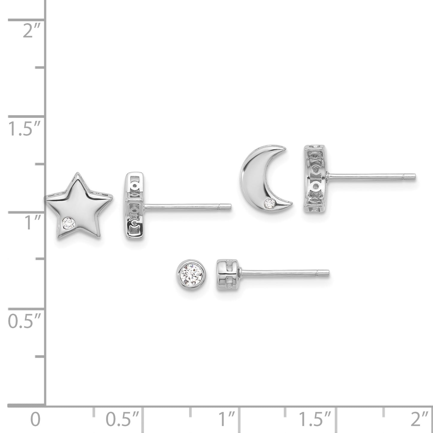 Sterling Silver RH-plated CZ Moon/Star and Round Set of 3 Post Earring Set