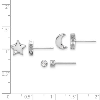 Sterling Silver RH-plated CZ Moon/Star and Round Set of 3 Post Earring Set