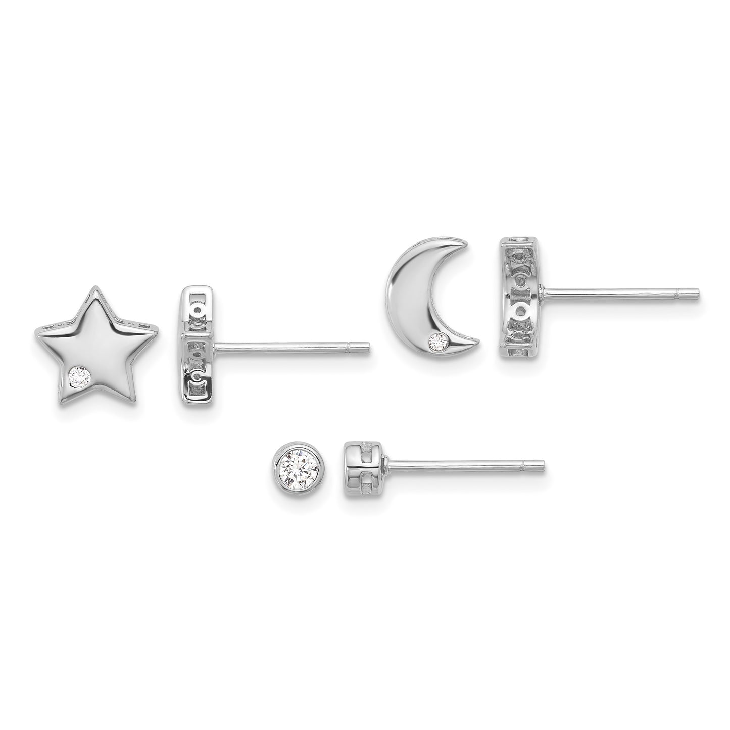 Sterling Silver RH-plated CZ Moon/Star and Round Set of 3 Post Earring Set