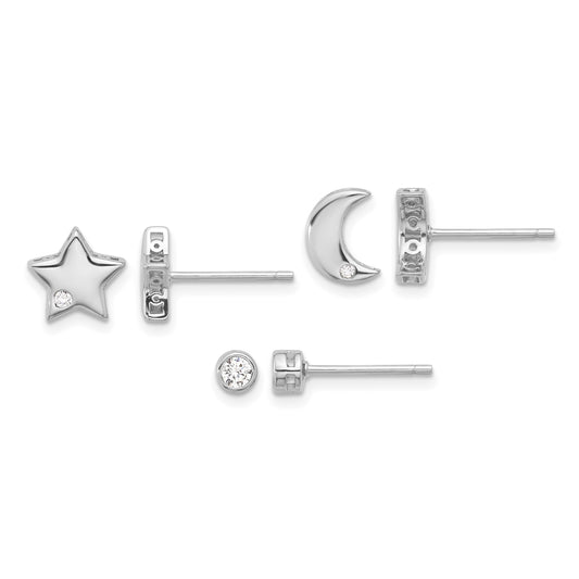Sterling Silver RH-plated CZ Moon/Star and Round Set of 3 Post Earring Set