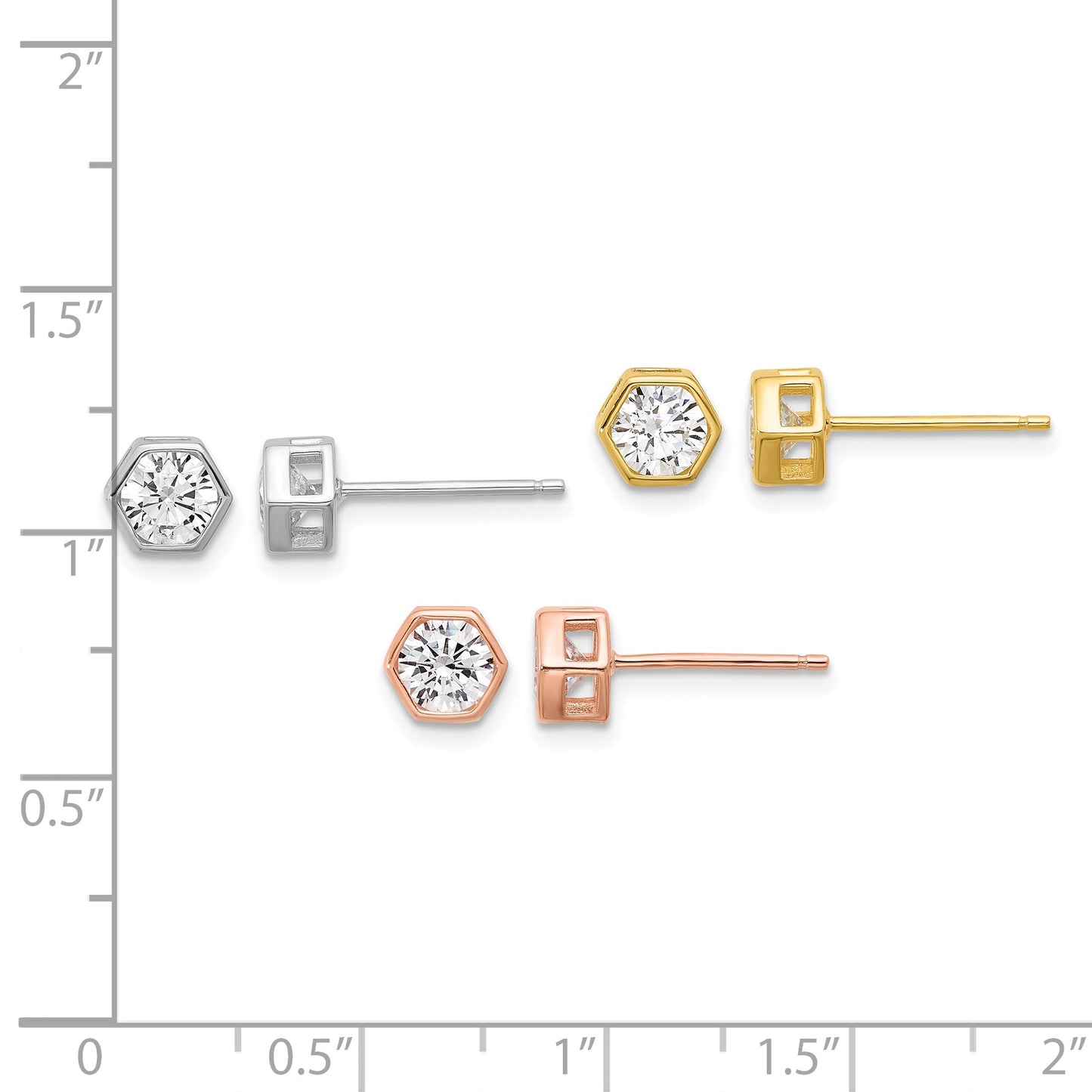 Sterling Silver RH-plated Rose and Gold-tone CZ Set of 3 Post Earring Set