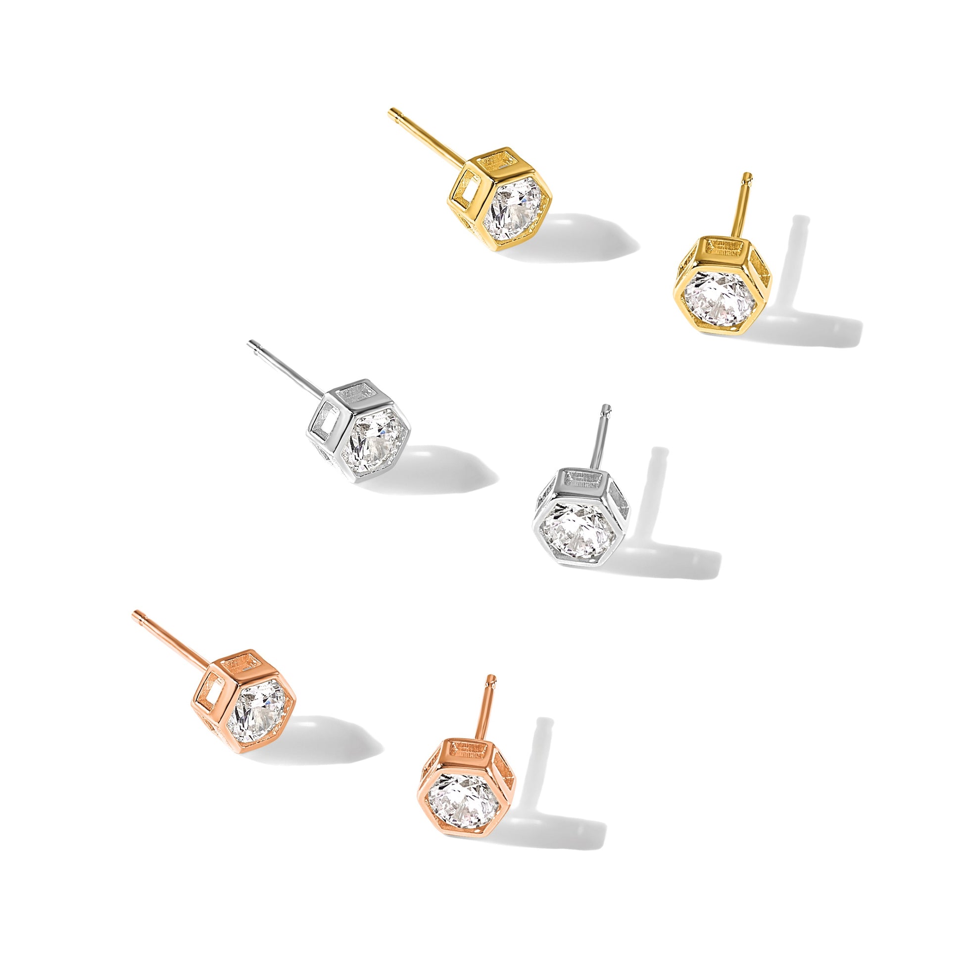 Sterling Silver RH-plated Rose and Gold-tone CZ Set of 3 Post Earring Set