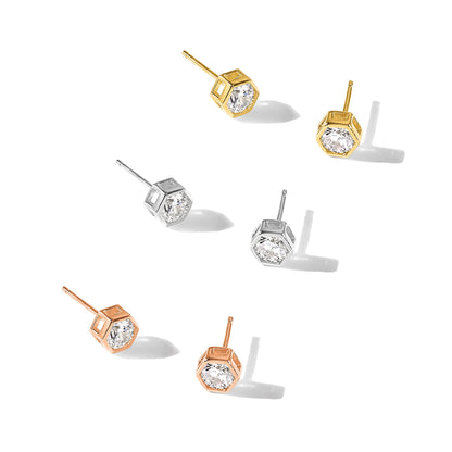 Sterling Silver RH-plated Rose and Gold-tone CZ Set of 3 Post Earring Set