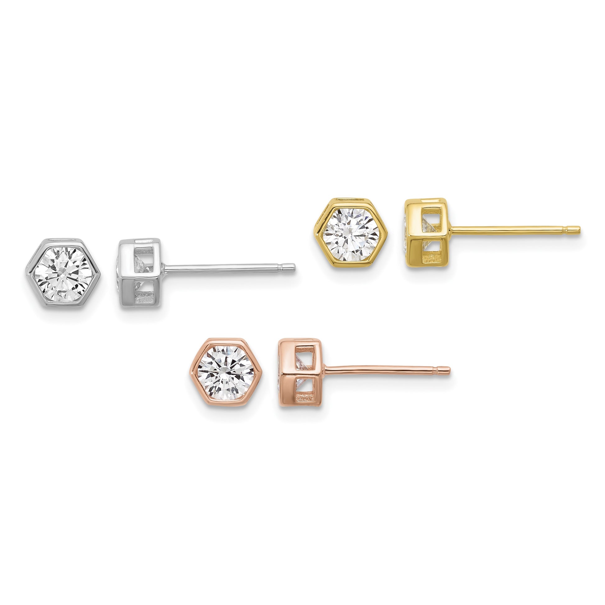 Sterling Silver RH-plated Rose and Gold-tone CZ Set of 3 Post Earring Set