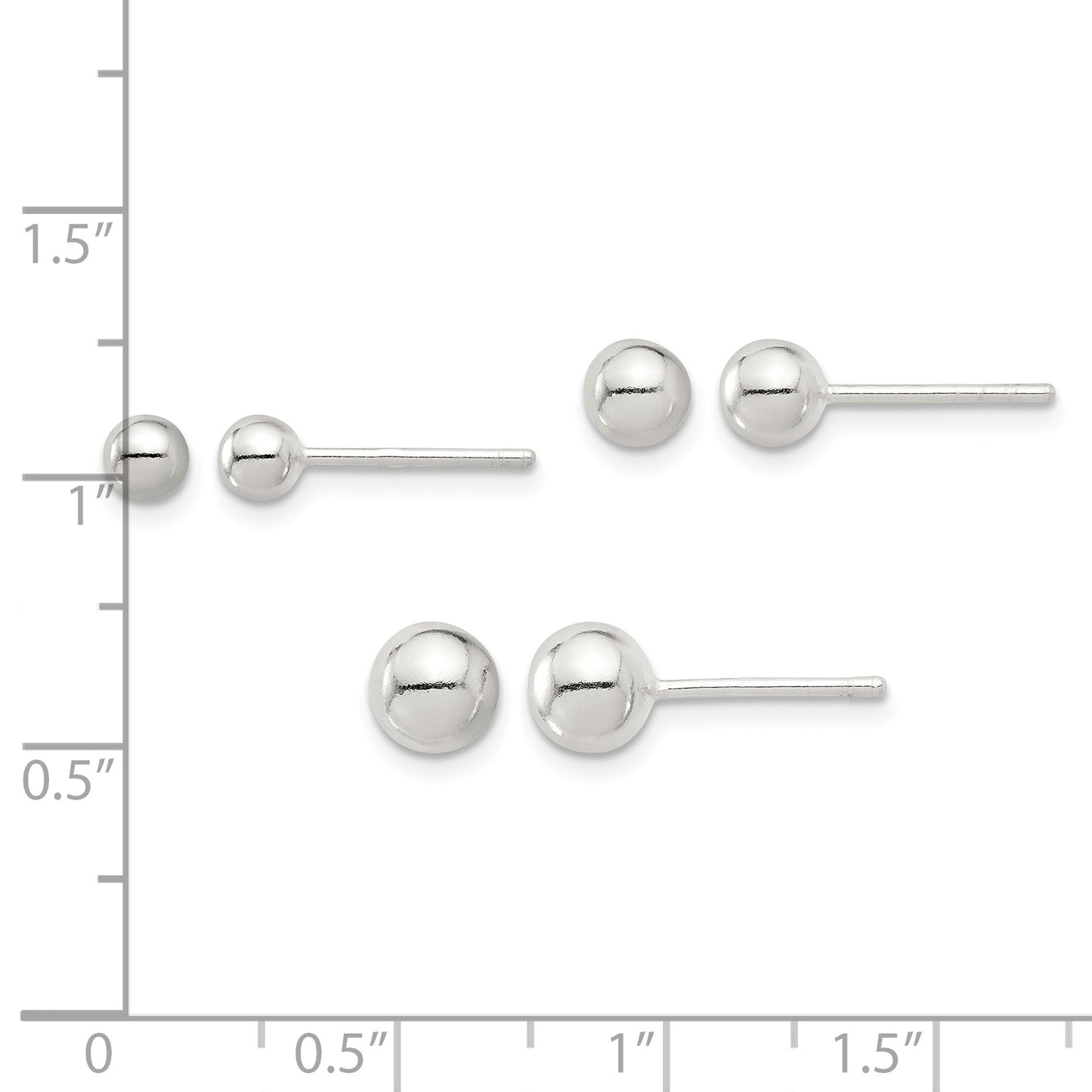 Sterling Silver E-coated 4mm 5mm and 6mm Ball Post Earring Set