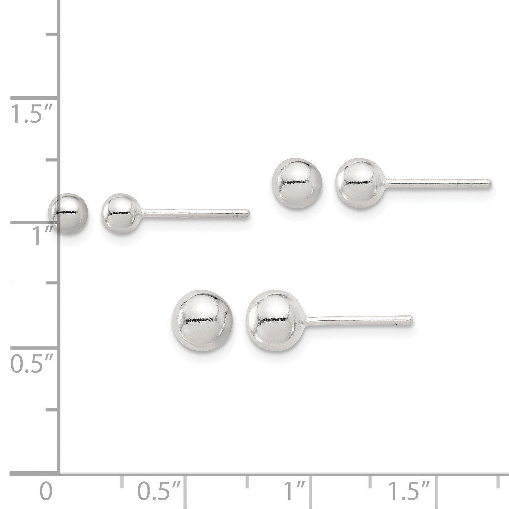 Sterling Silver E-coated 4mm 5mm and 6mm Ball Post Earring Set