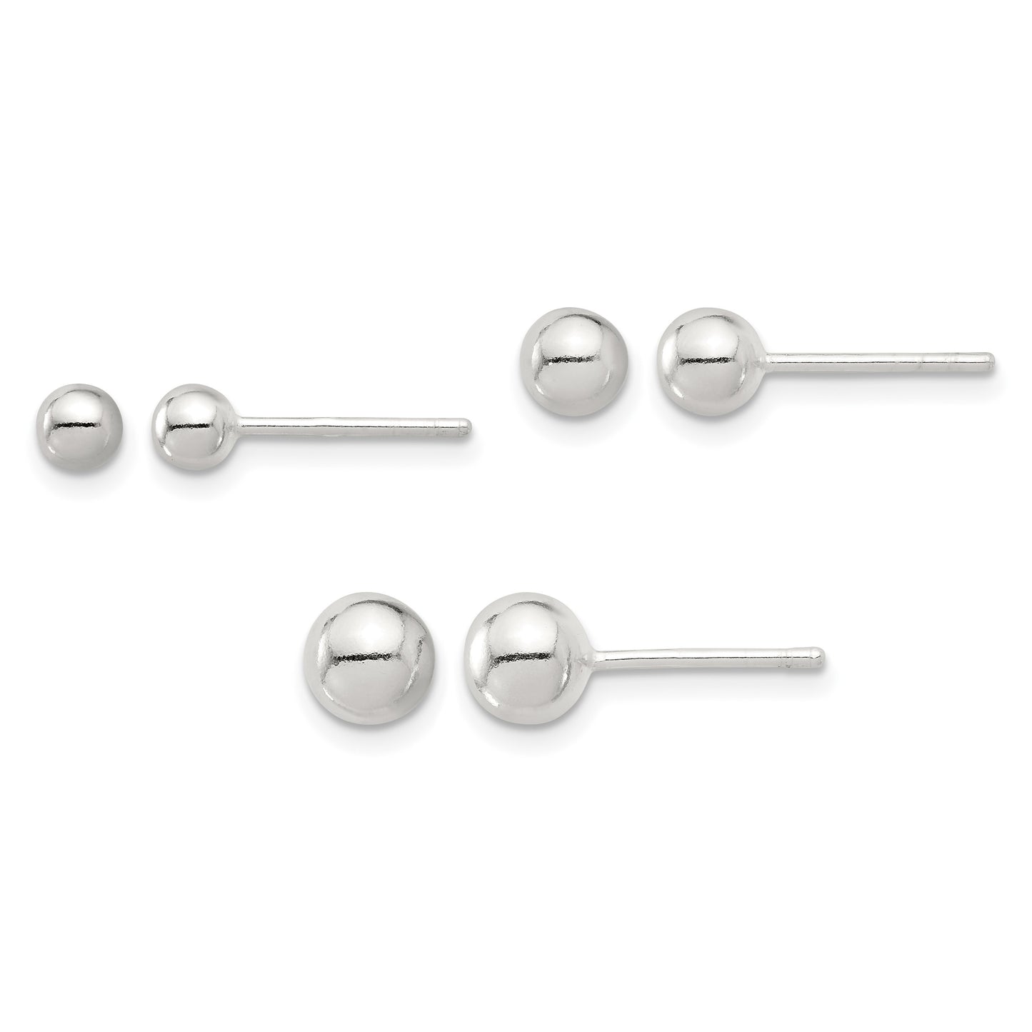 Sterling Silver E-coated 4mm 5mm and 6mm Ball Post Earring Set