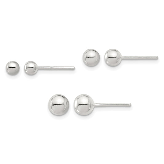 Sterling Silver E-coated 4mm 5mm and 6mm Ball Post Earring Set