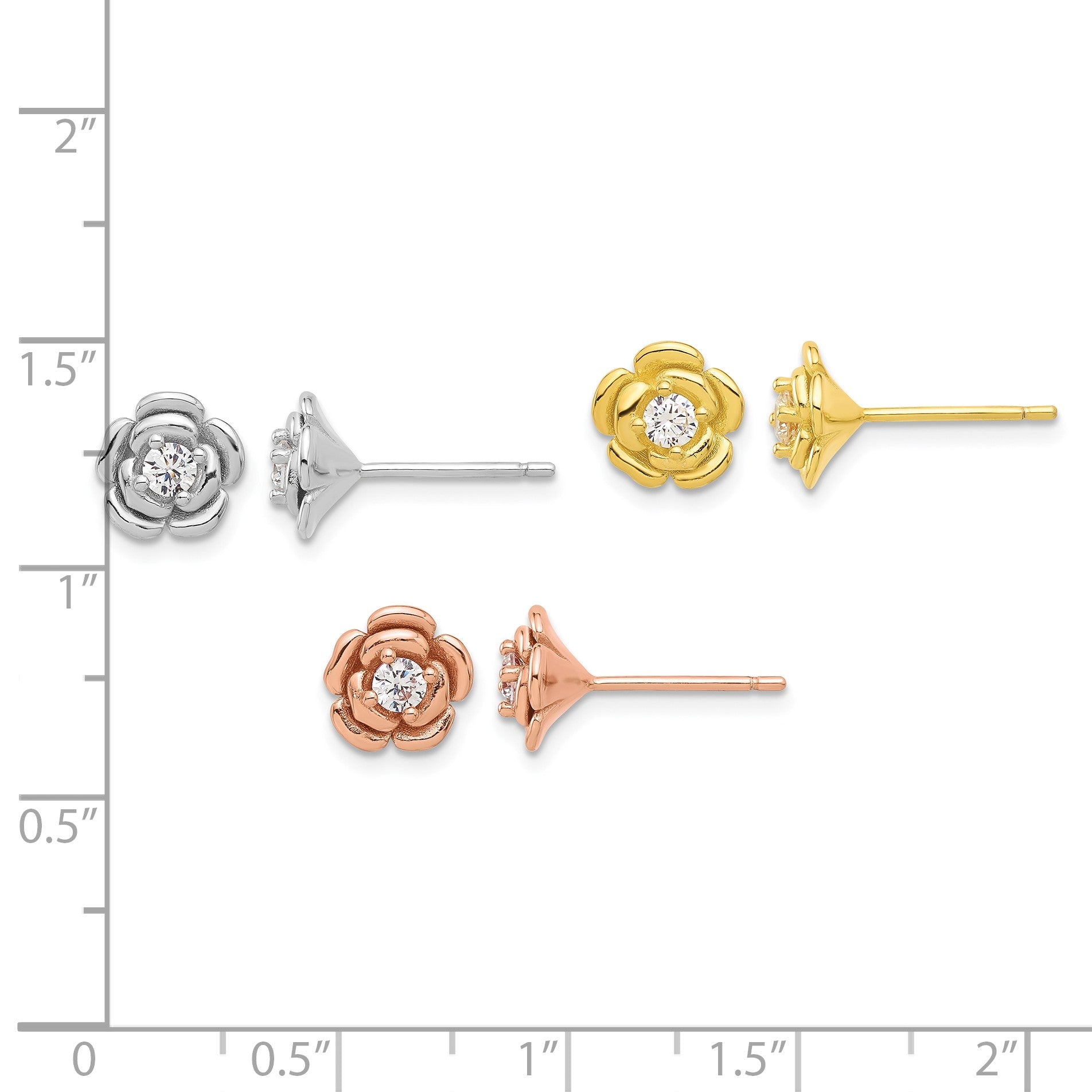 Sterling Silver Rhod-plt/Gold/Rose-tone CZ Rose 3 Pair Earrings Set
