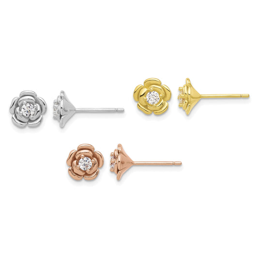 Sterling Silver Rhod-plt/Gold/Rose-tone CZ Rose 3 Pair Earrings Set