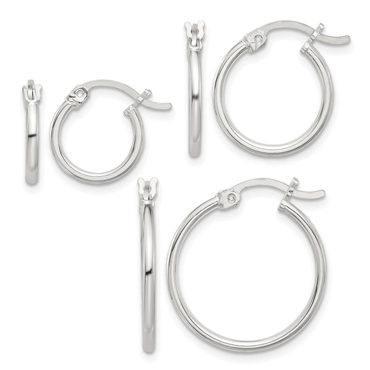 Sterling Silver Rhodium-plated Polished Set of 3 Hoop Earring Set