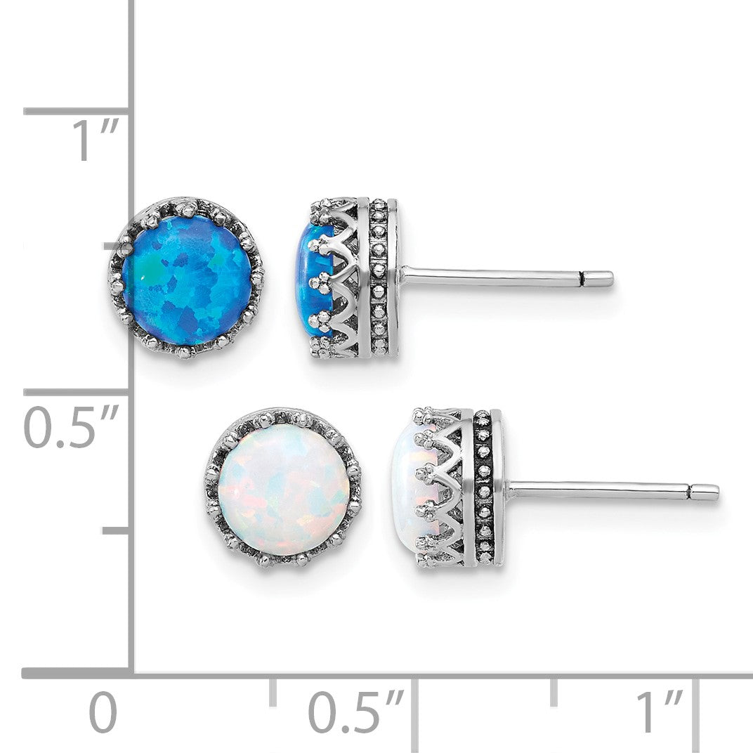 Sterling Silver Rh-plated 7mm Cr. Blue Opal / White Opal Post Earring Set