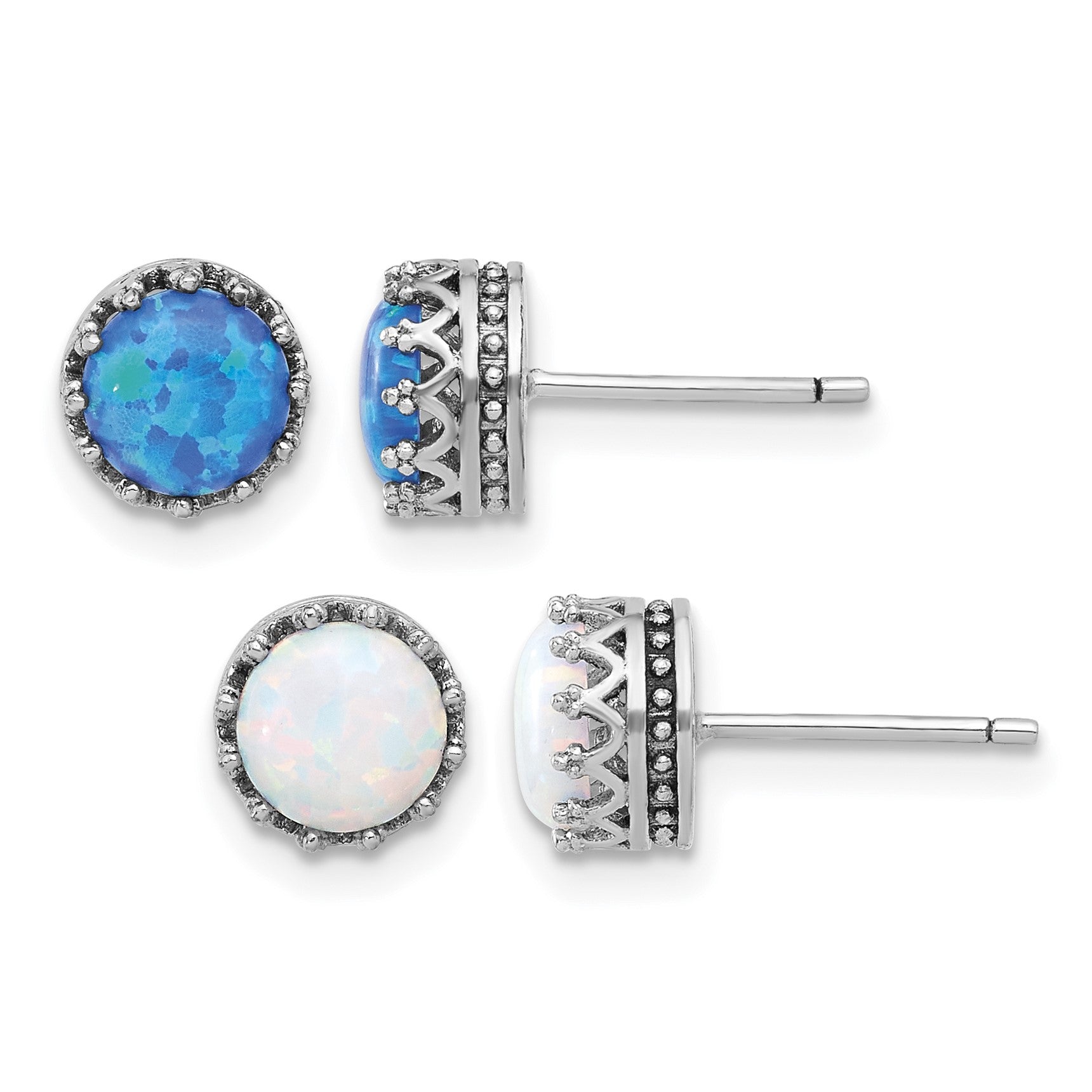 Sterling Silver Rh-plated 7mm Cr. Blue Opal / White Opal Post Earring Set