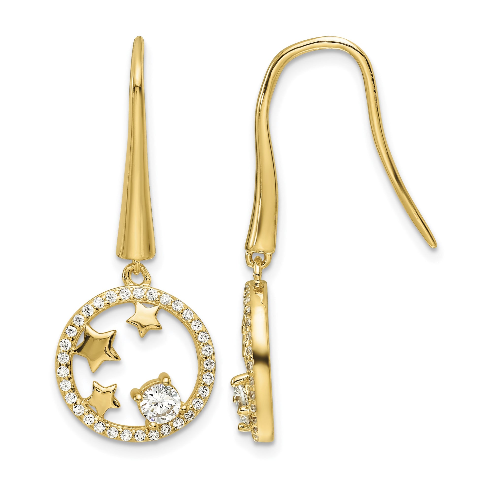 Sterling Silver Gold-plated CZ Stars Circle Shepherd Hook Earrings