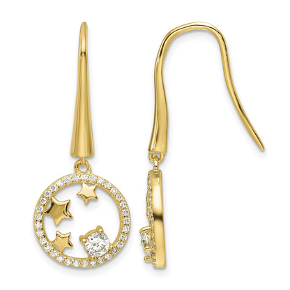 Sterling Silver Gold-plated CZ Stars Circle Shepherd Hook Earrings