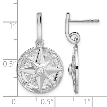 Sterling Silver Rhodium-plated Polished CZ Compass Dangle Post Earrings