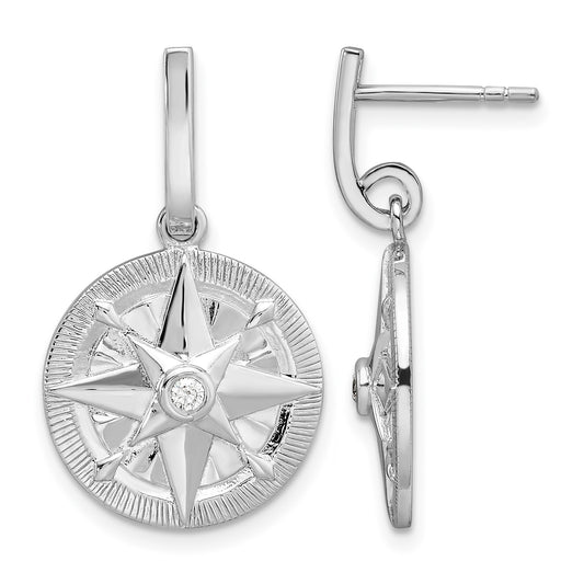 Sterling Silver Rhodium-plated Polished CZ Compass Dangle Post Earrings