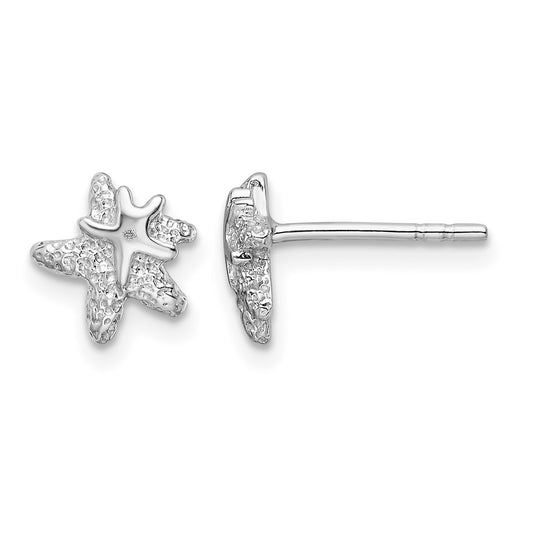 Sterling Silver RH-plated Polished and Textured Starfish Earrings