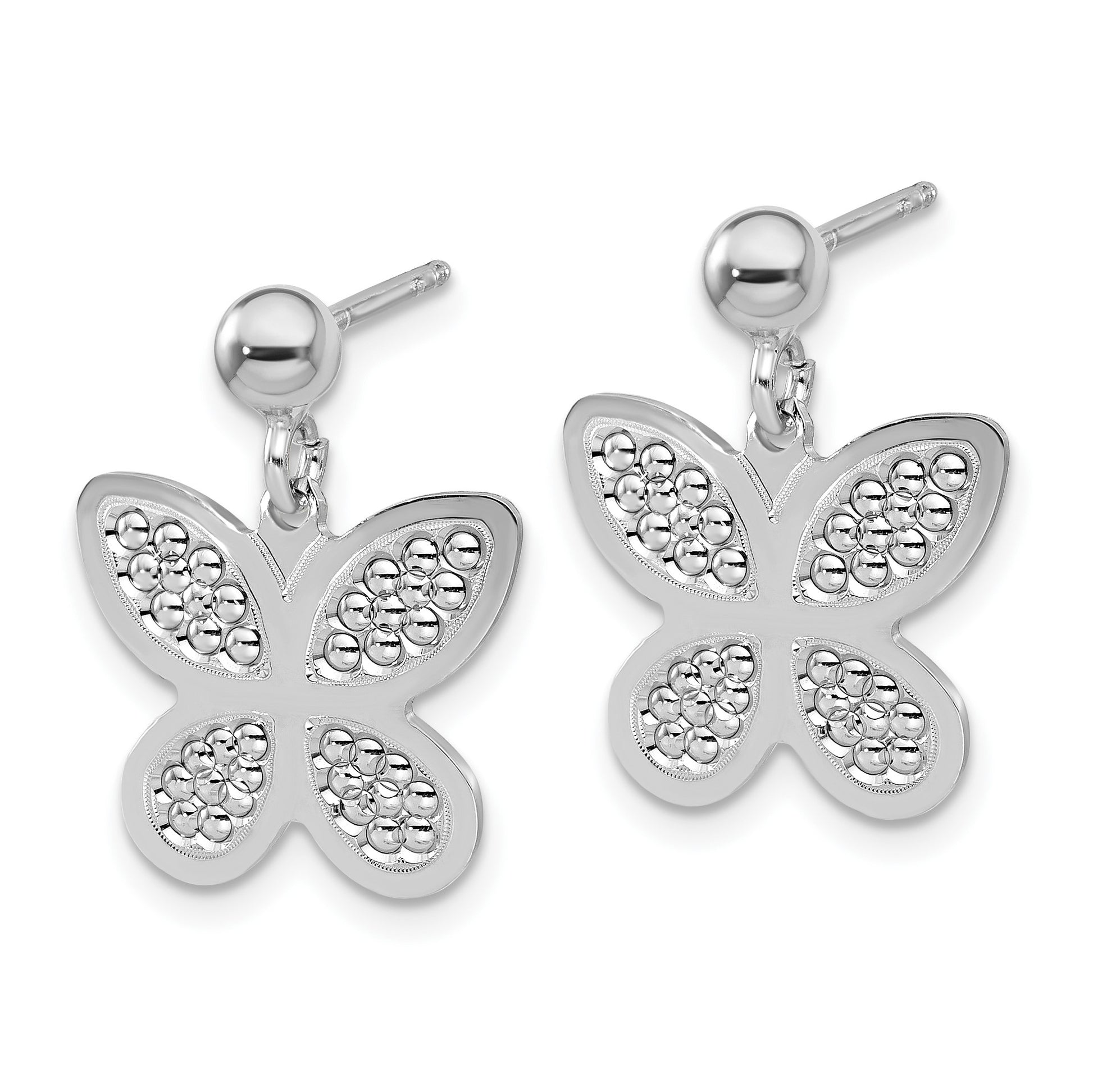 Sterling Silver Rhodium Plated Polished  Beaded Butterfly Earrings