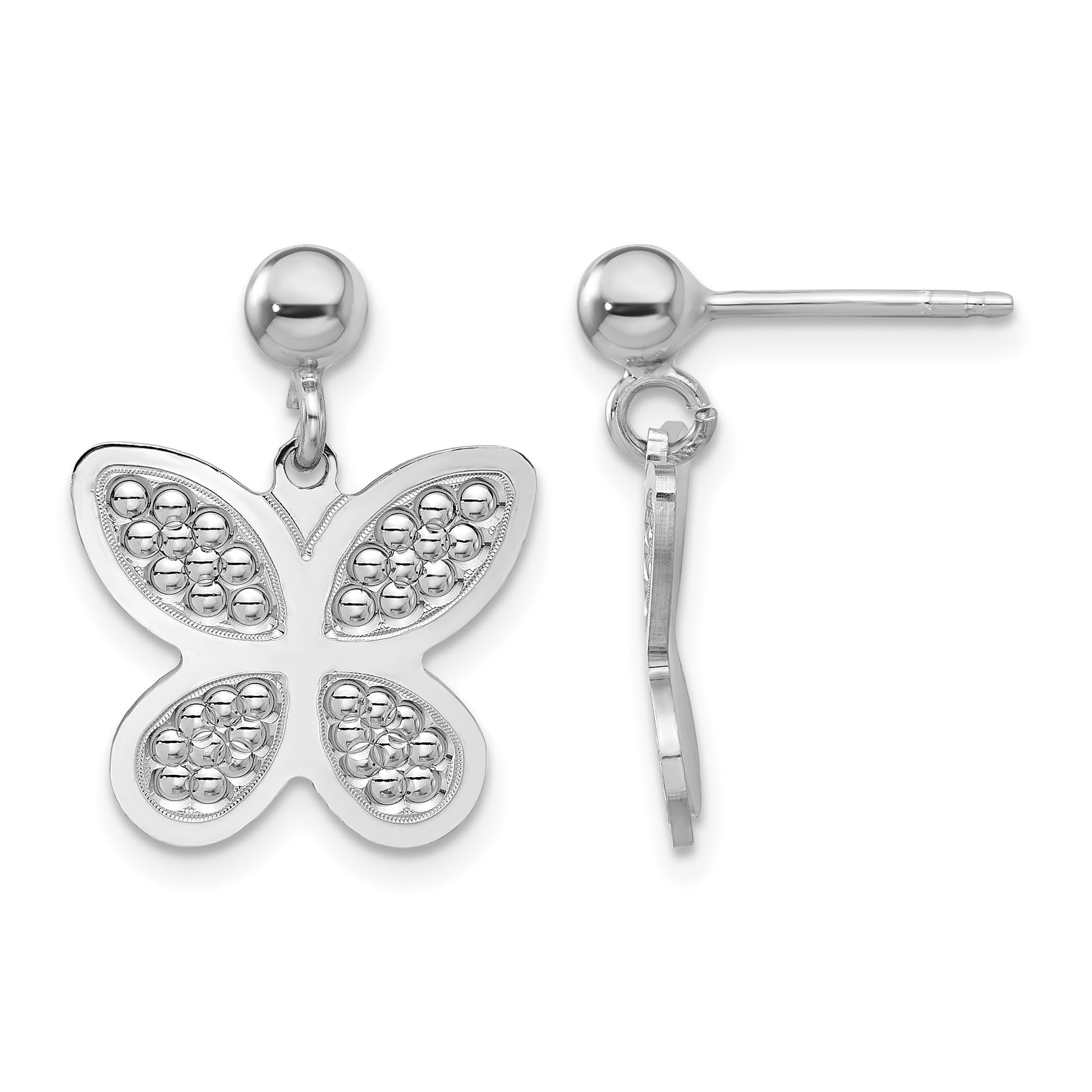 Sterling Silver Rhodium Plated Polished  Beaded Butterfly Earrings