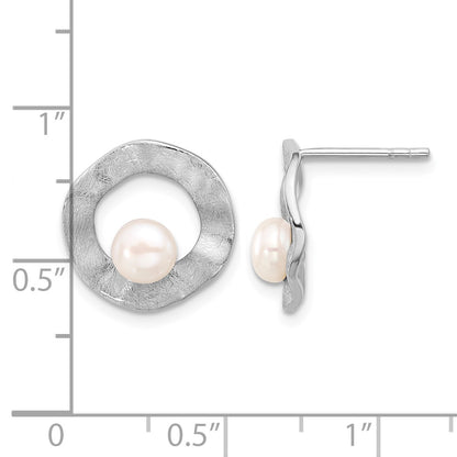 Sterling Silver Rhodium-plated FWC Pearl Scratch Finish Post Earrings