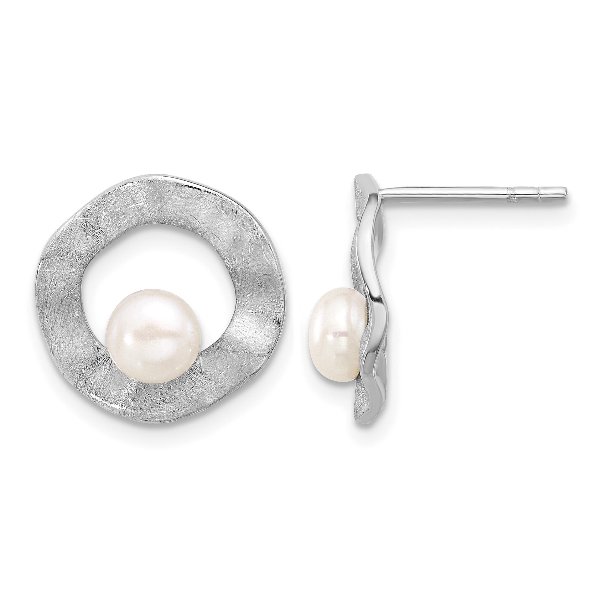 Sterling Silver Rhodium-plated FWC Pearl Scratch Finish Post Earrings