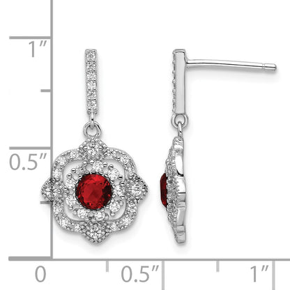 Sterling Silver RH-pltd Red Glass and Clear CZ Vintage Dangle Post Earring