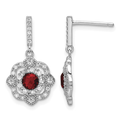 Sterling Silver RH-pltd Red Glass and Clear CZ Vintage Dangle Post Earring
