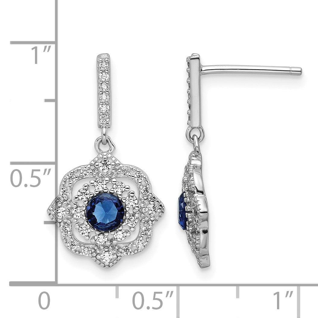 Sterling Silver RH-pltd Blue Glass and Clear CZ Vintage Dangle Post Earring