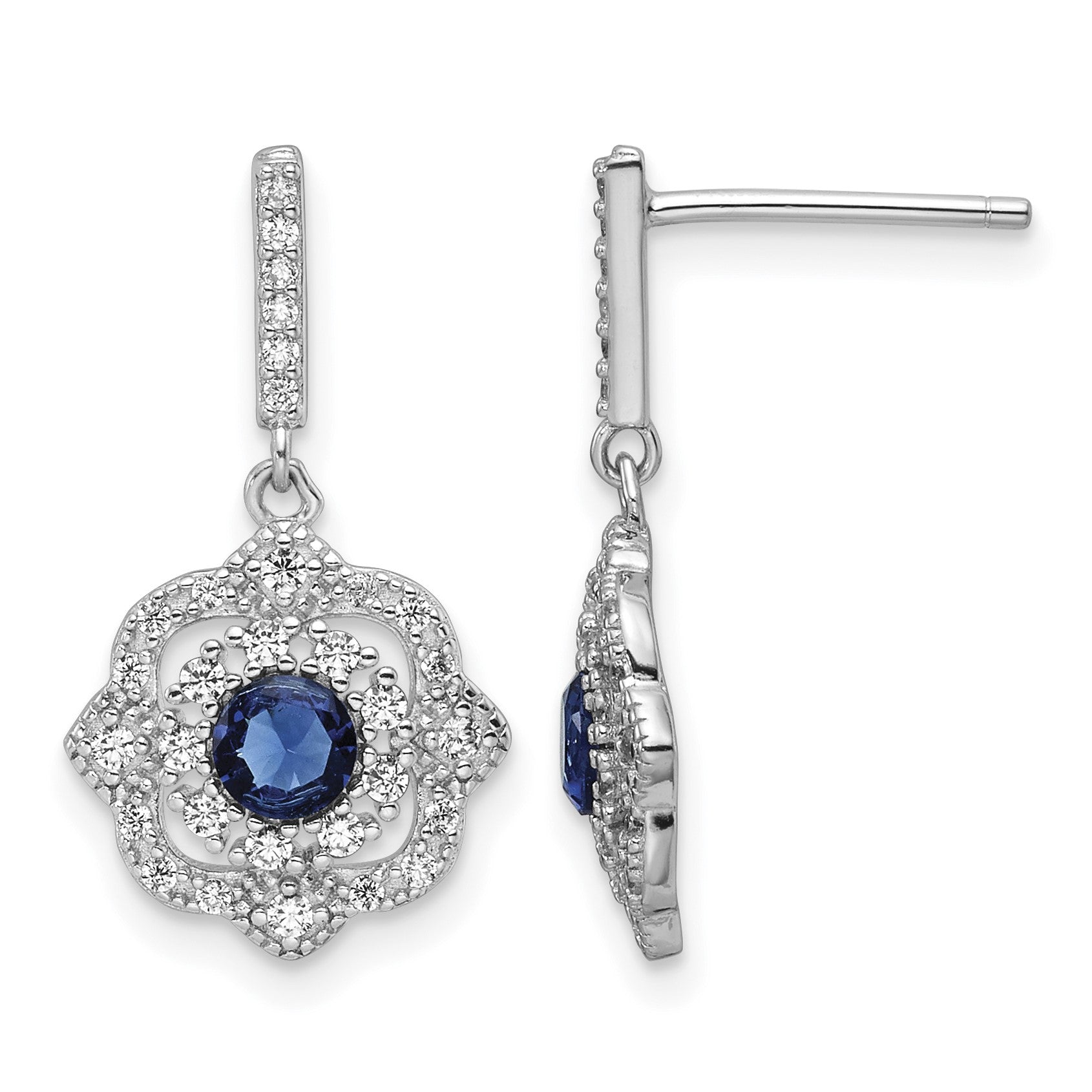 Sterling Silver RH-pltd Blue Glass and Clear CZ Vintage Dangle Post Earring