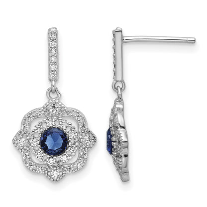 Sterling Silver RH-pltd Blue Glass and Clear CZ Vintage Dangle Post Earring