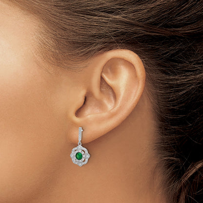 Sterling Silver RH-pltd Green Glass and Clear CZ Vintage Dangle Post Earrin
