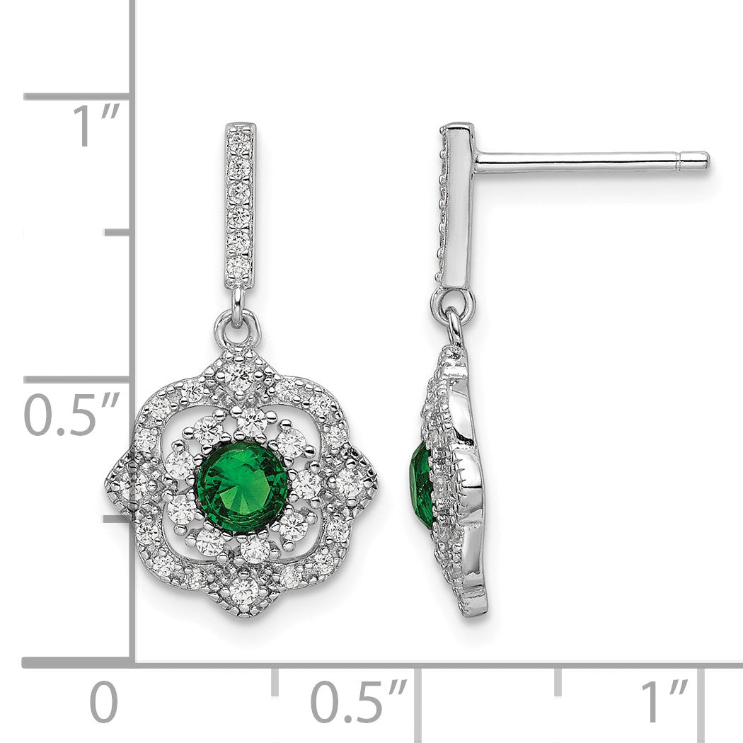 Sterling Silver RH-pltd Green Glass and Clear CZ Vintage Dangle Post Earrin