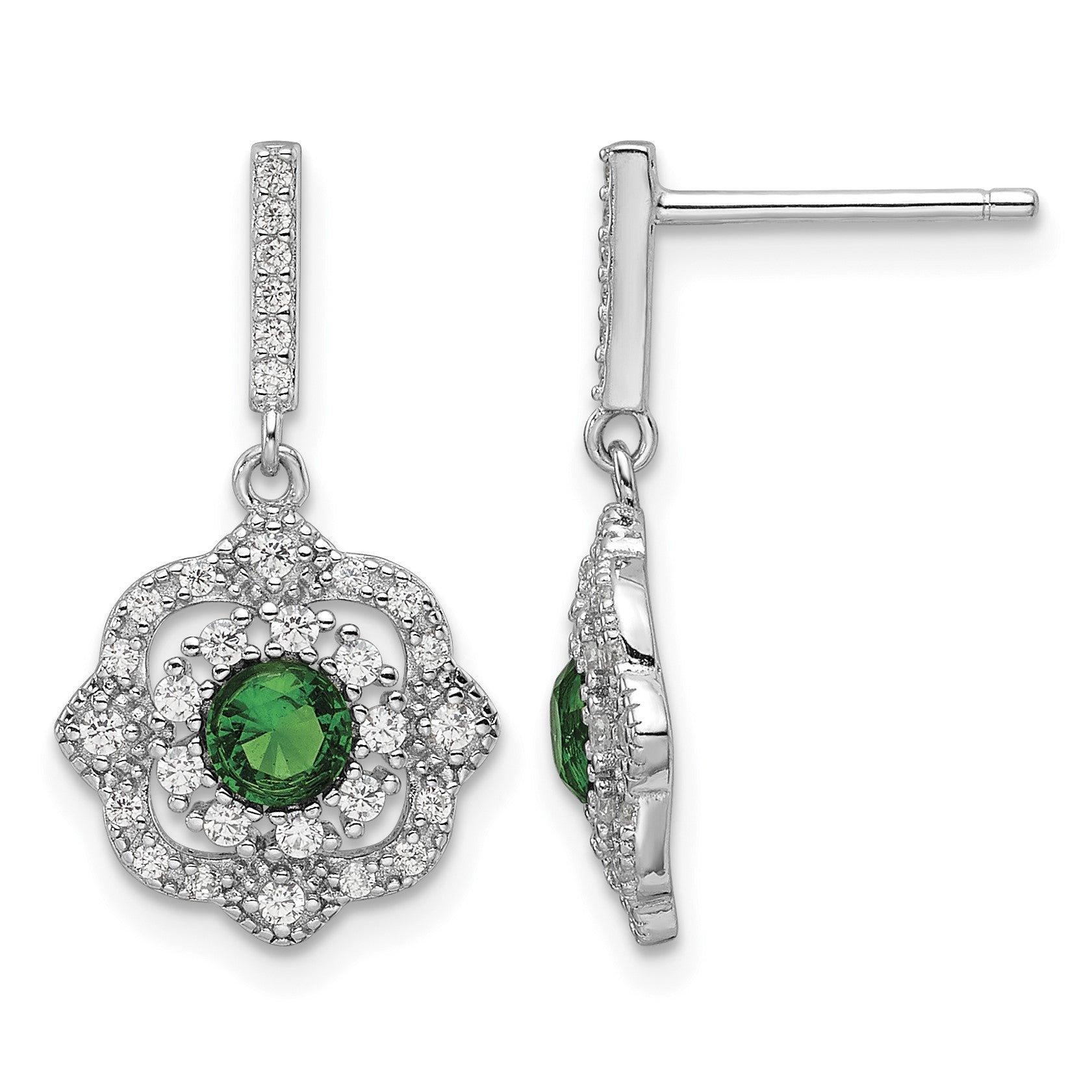 Sterling Silver RH-pltd Green Glass and Clear CZ Vintage Dangle Post Earrin