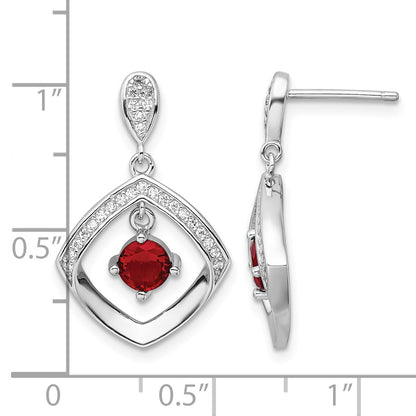 Sterling Silver RH-plated Red Glass and Clear CZ Fancy Square Post Earrings