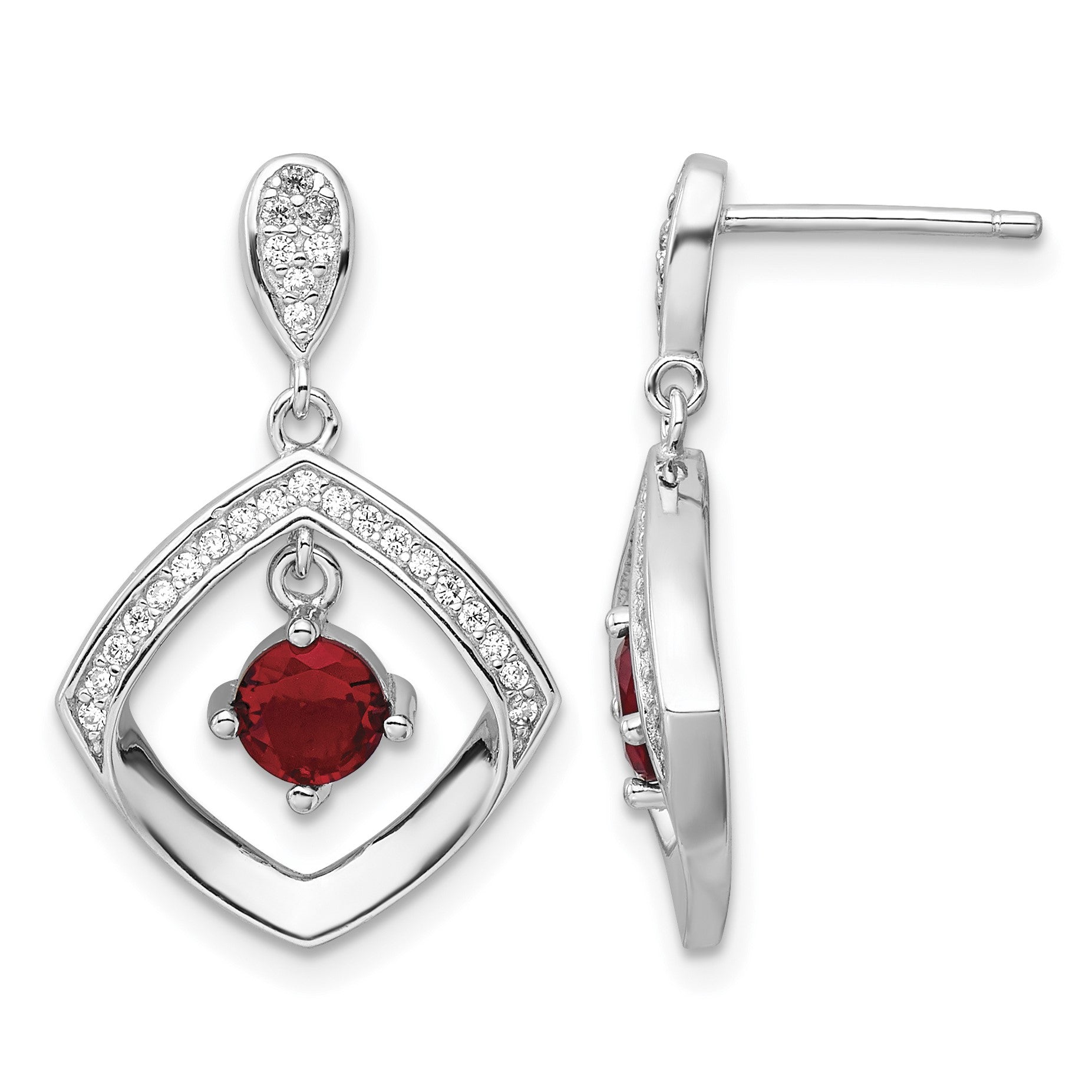 Sterling Silver RH-plated Red Glass and Clear CZ Fancy Square Post Earrings