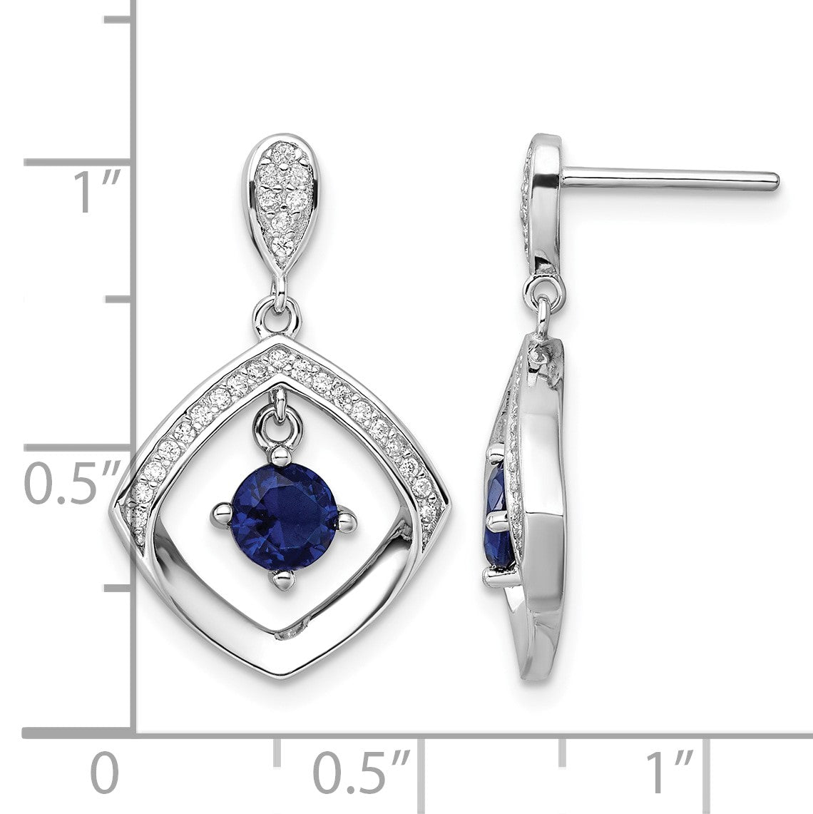 Sterling Silver RH-pltd Blue Glass and Clear CZ Fancy Square Post Earrings
