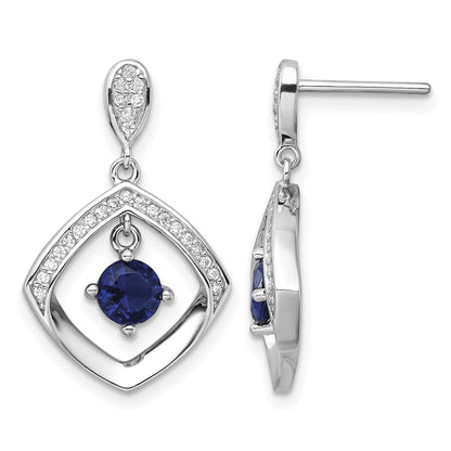 Sterling Silver RH-pltd Blue Glass and Clear CZ Fancy Square Post Earrings