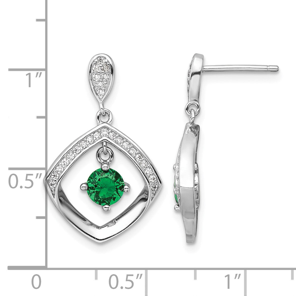 Sterling Silver RH-pltd Green Glass and Clear CZ Fancy Square Post Earrings